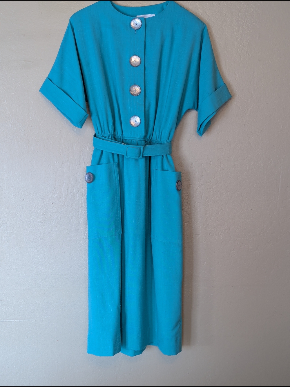 Vtg. Leslie Fay Turquoise Button-Front Belted Midi Dress